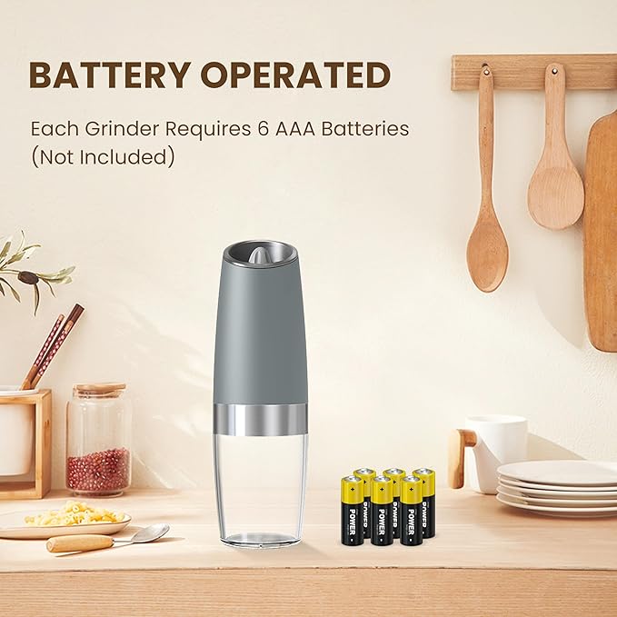 Gravity Electric Salt And Pepper Grinder Set, Automatic Salt And Pepper Grinder Set, Battery Powered (6 AAA Batteries Each), Adjustable Roughness, LED Light, 2 Pack, (Light Grey)