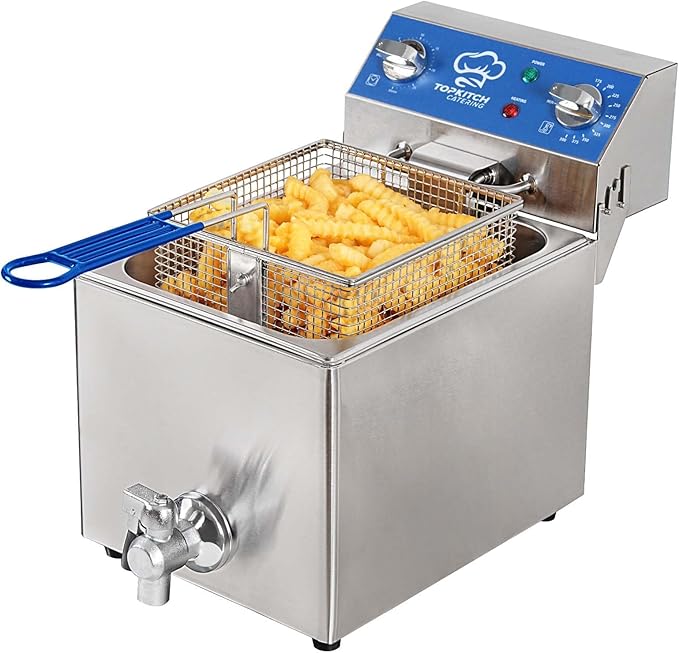 TOPKITCH 6.3Qt Electric Fryer with Oil Drain,30 Minutes Timer,Stretch forming oil tank,Lid and Solid Wire Mesh Basket,Light Duty Commercial Electric Countertop Deep Fryers-120V,1800W