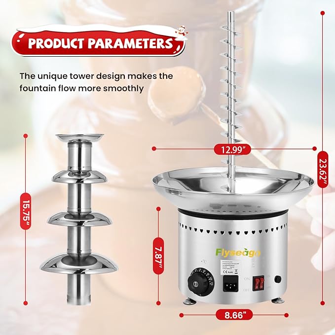 4-Tier Commercial Chocolate Fountain 11Lbs Large Chocolate Fondue Tower Stainless Steel Chocolate Melting Heating Machine for Nacho Cheese Liqueurs Party Wedding, Catering, Knob Control