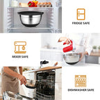 CHAREADA Mixing Bowls with Airtight Lids, 18pcs Stainless Steel Nesting Colorful Mixing Bowls Set Non-slip Silicone Bottom, Size 4.5, 3.6, 2.7, 2.1, 1.7, 1.1, 0.7 qt, Fit for Mixing & Serving (Black)