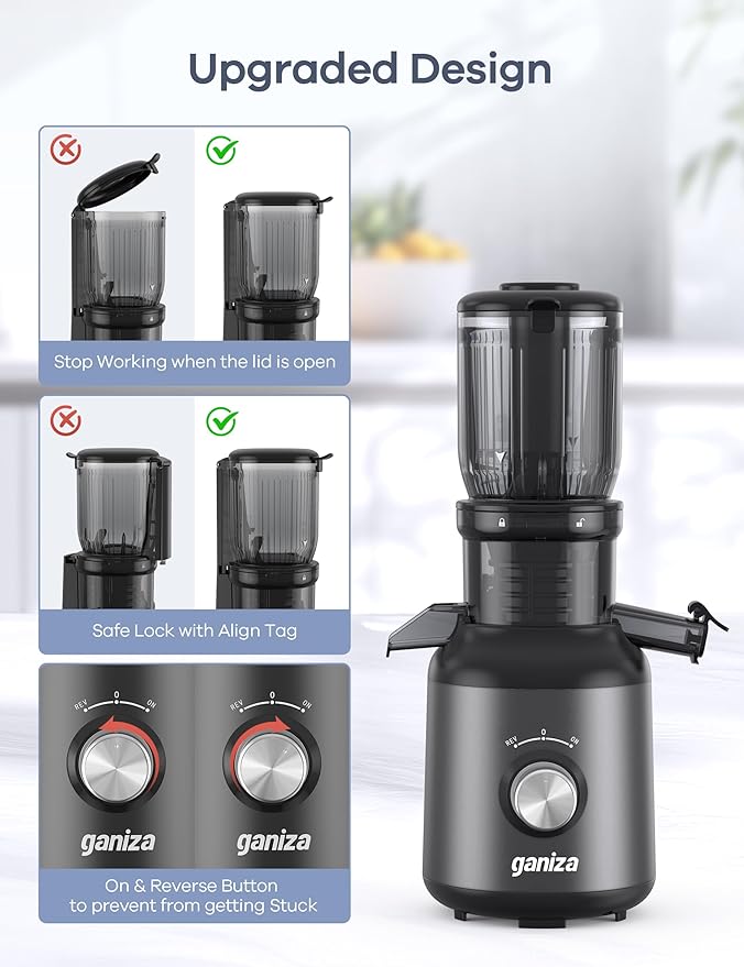 Ganiza Juicer Machines, Cold Press Juicer with Large Feed Chute for Whole Fruits & Vegetables, Slow Masticating juicers with 3 Replace Filters for Batch Juicing, Easy to Clean, BPA Free (Black)