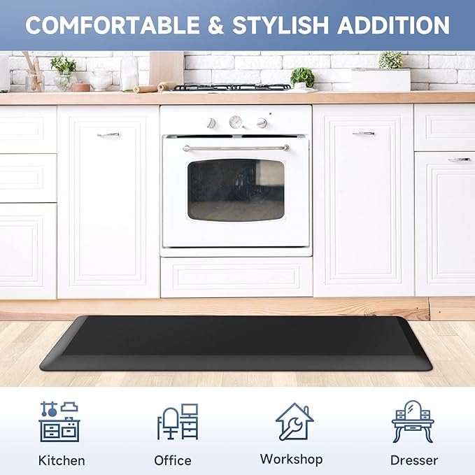 StepRite 4/5 Inch Thick Kitchen Mat Anti Fatigue Mat Kitchen Rugs Kitchen Decor Non-Slip, Stain & Water Resistant, Kitchen Mats Desk Mat for Kitchen, Office, Workshop, Black, 17'' x 47''