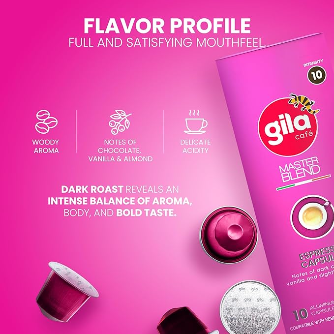 GILA Café Master Blend Aluminum Coffee Capsules – Dark Roast Espresso Pods Compatible with Nespresso Original Machines – Mexican Arabica Blend with Chocolate & Vanilla Notes, 60 Count