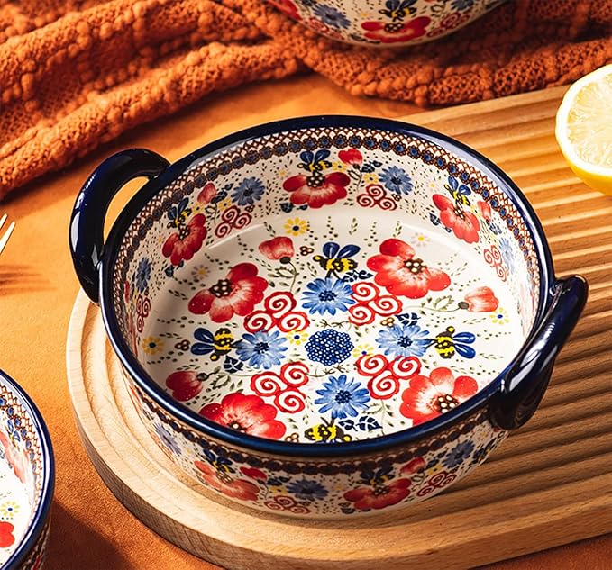Vintage Flowers Style Ceramic Bakeware Casserole Dish Baking Pan Lasagna Pans Baking Dish with Handles for Oven/Cooking/Kitchen-1 PCS-Red Flowers-32 OZ