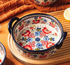 Vintage Flowers Style Ceramic Bakeware Casserole Dish Baking Pan Lasagna Pans Baking Dish with Handles for Oven/Cooking/Kitchen-1 PCS-Red Flowers-32 OZ