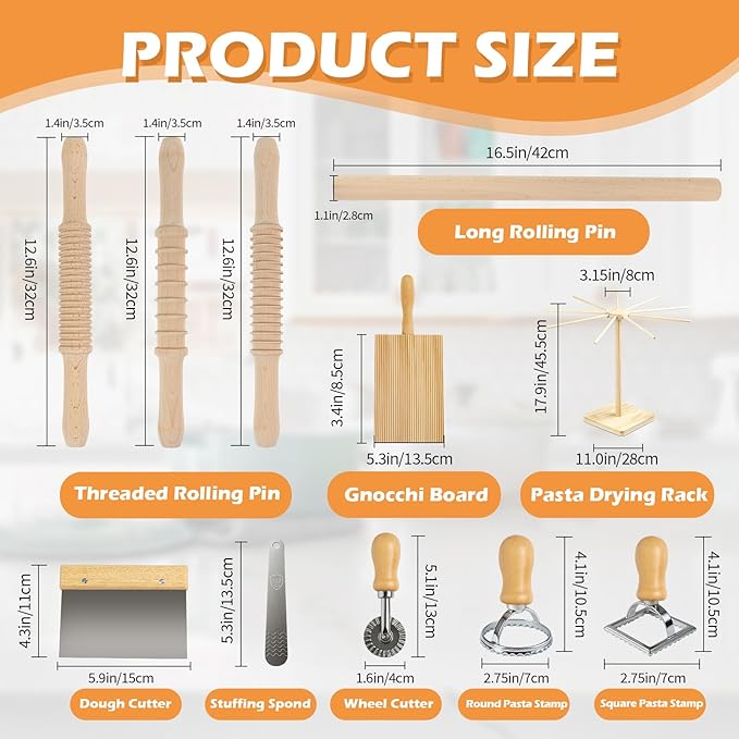 3 Size Pasta Making Tools, 11Pcs Wooden Pasta Making Kit with 3 Size Threaded Rolling Pins, Long Rolling Pin, Rotatable Pasta Drying Rack, Gnocchi Board, Dough Cutter, Wheel Cutter, 2 Stamps