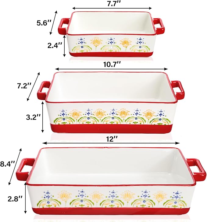 WRINGKIT Set of 3 Ceramic Baking Dishes, Rectangular Casserole Dish for Oven, Ceramic Bakeware Lasagna Pan Deep with Handles for Cooking, Baking, Wedding Gift, 3 Sizes (12''/10.7''/7.7''), Red