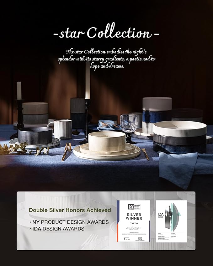 Famiware Star 16-Piece Stoneware Dinnerware Sets with Trim, Service for 4 - Shallow Pasta Bowls & Flat Plates, Modern Rustic Ribbed Dishes, Chip & Scratch Resistant, Microwave & Dishwasher Safe, White