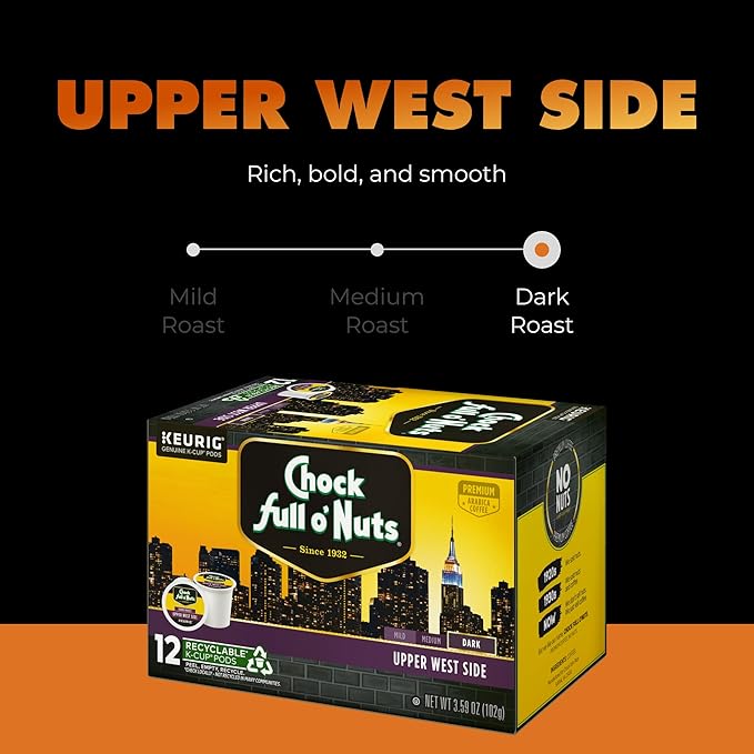 Chock Full o'Nuts Upper West Side Coffee, Dark Roast, Compatible with K-Cup Pods, 12 CT (Pack of 6)