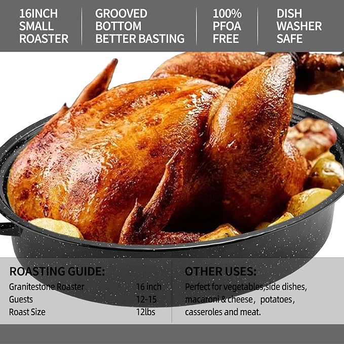 Granite Roasting Pan, Medium 15.7” Enameled Roasting Pan with Domed Lid. Oval Turkey Roaster Pot, Broiler Pan Great for Small Turkey, Chicken, Ham, Dishwasher Safe Fit for Roast Bird by Kendane