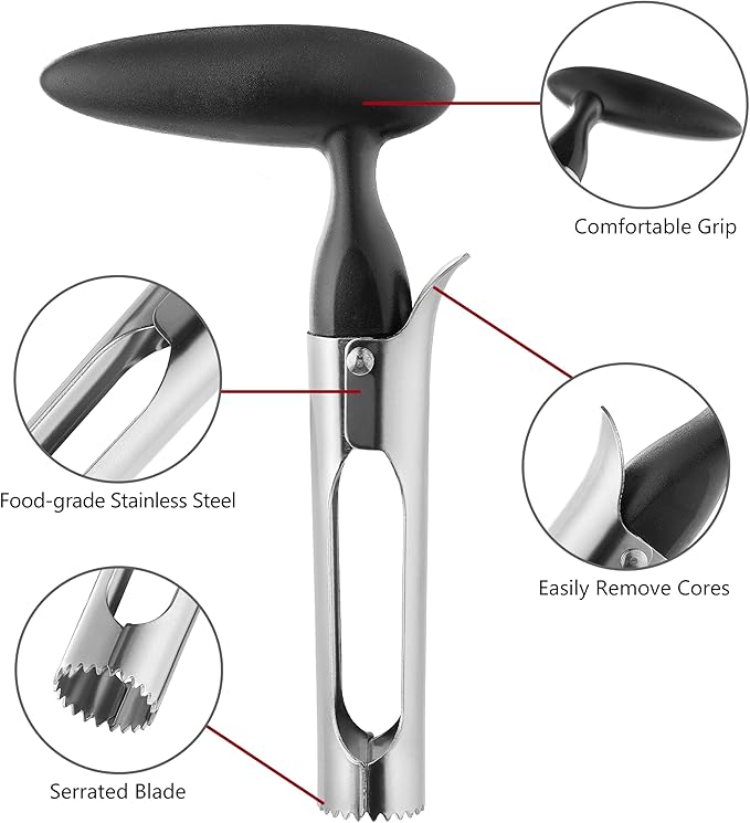 Apple Corer - Ergonomics Handle with Sharp Serrated Blade, Stainless Steel Apple Corer Remover Tool, Easy to Use for Fruit Vegetable and Baking, Dishwasher Safe - Black