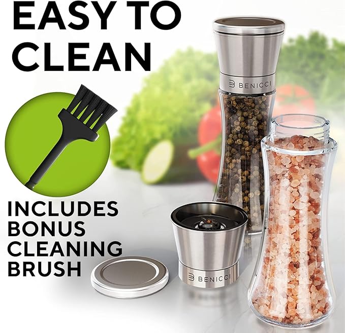 Premium Salt and Pepper Grinder Set of 2 - Two Refillable Stainless Steel Sea Salt & Spice Shakers with Adjustable Coarse Mills - Easy Clean Ceramic Grinders w/BONUS Silicone Funnel & Cleaning Brush