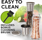 Premium Salt and Pepper Grinder Set of 2 - Two Refillable Stainless Steel Sea Salt & Spice Shakers with Adjustable Coarse Mills - Easy Clean Ceramic Grinders w/BONUS Silicone Funnel & Cleaning Brush