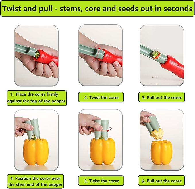 2-in-1 Pepper Corer&Seed Remover Tool-Efficient Jalapeno,Bell Pepper,and Chili Deseeder. Fruit&Vegetable Core Remover for Peppers,Tomatoes,Apples.Efficient Kitchen Gadget for Cooking Prep(1, Green)