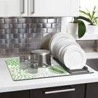 Findosom 2PCS 12" x 20" Dish Drying Mat & 24" x 5.5" Sink Splash Guard, Super Absorbent & Cuttable Dish Mat Drying Kitchen Mat with Green Floral, Hide Stain Drying Mat for Kitchen Counter