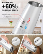CIRCLE JOY Gravity Electric Salt and Pepper Grinder Set with 2-Speed, Rechargeable Salt and Pepper Grinder Set, Adjustable Coarseness, Whiet LED Light