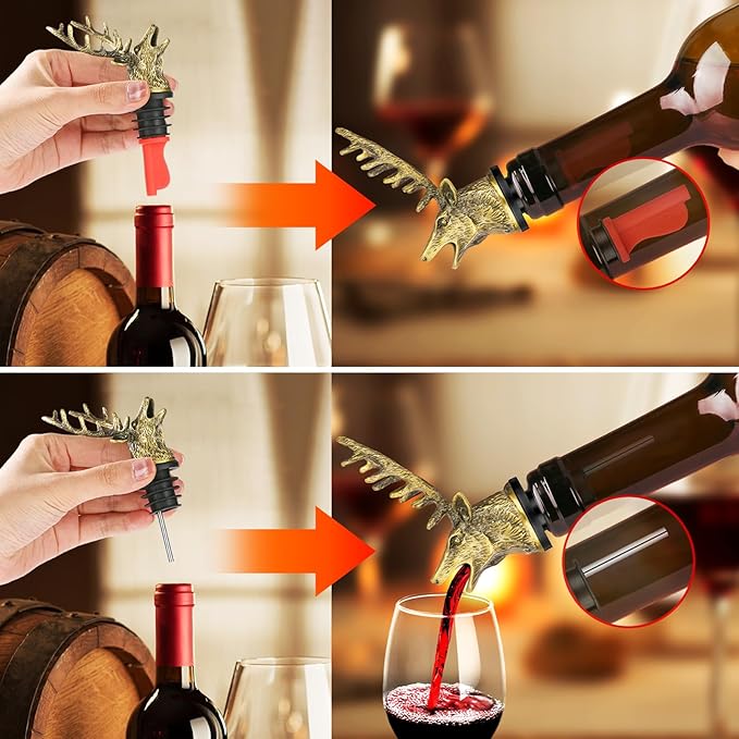 LKKCHER Deer Head Wine Bottle Pourer and Stopper Birthday Gifts Hunting Gifts for Hunters Men Dad Liquor Bottle Pourers Spout for Alcohol Spirits, Stag Gifts Wine Gifts, Bronze