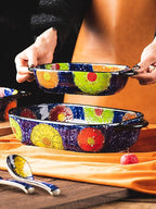 Vintage Style Pottery Bakeware Colorful Daisy Pattern Ceramic Casserole Dish Baking Pan Lasagna Pans Baking Dish with Handles from Oven to Table Plate-1 PCS, 22 OZ
