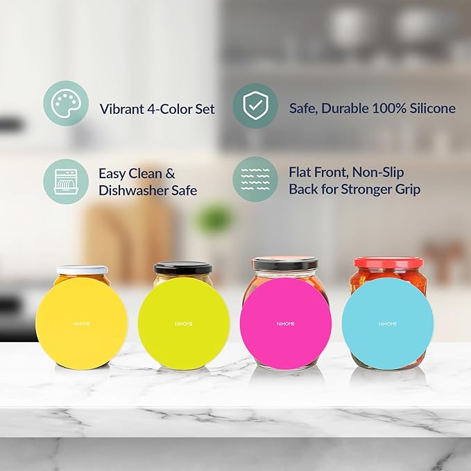 NIHOME Silicone Jar Opener – 6 Inch Large Anti-Slip Grip Pads, Premium 100% Food-Grade Silicone, Stylish Designer Colors, Multi-Purpose Heat-Resistant Mat & Coaster, Set of 4 (Fluorescent Colors)
