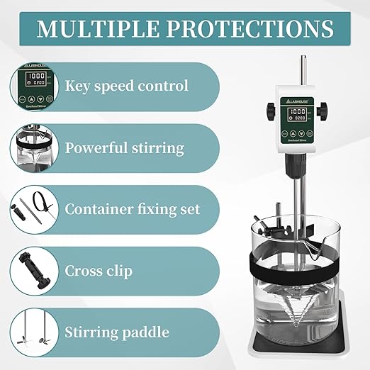 OS-5S Digital Overhead Stirrer 10L(H₂O) Lab Stirrer Flat-Base Stainless Steel Stand & 2 Stirring Paddles & Beaker Holder | 100-1200RPM,10000 mPas,Timing 1min-24h