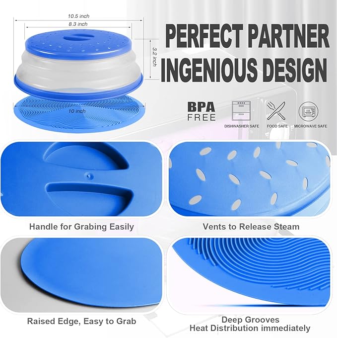 2 in 1, Aidacom Microwave Mat & Food Cover- Mat as Bowl Holder, Cover for Splatter Guard, Multi-use: Silicone Trivet, Pot Holders, Drying, Baking, Place Mat, Utensils Rest for Kitchen Counter, Blue