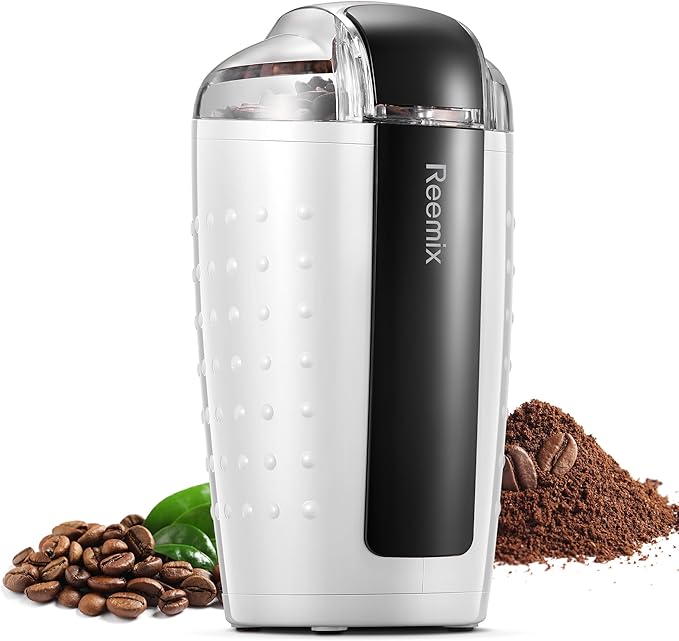 Coffee Grinder, Electric Coffee Grinder with 3.5Oz Large capacity, One-Touch Coffee and Spice Grinder with Stainless Blade, Cleaner Brush And Spoon for Home Use (White)