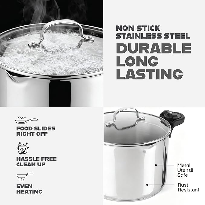 GOTHAM STEEL 8 Qt Nonstick Pasta Pot with Strainer Lid, Stainless Steel Stock Pot, Twist & Lock Handles, 2 Strainer Sizes, PFOA Free, for Soup & Spaghetti, Induction Ready, Oven & Dishwasher Safe