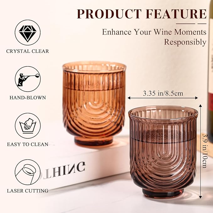 Venus Vintage Drinking Glasses Set of 6-15oz Hand-Blown Highball Ribbed Glassware, Arch Design Cocktail Glasses for Whiskey Water Beverages Ice Coffee Juice Milk