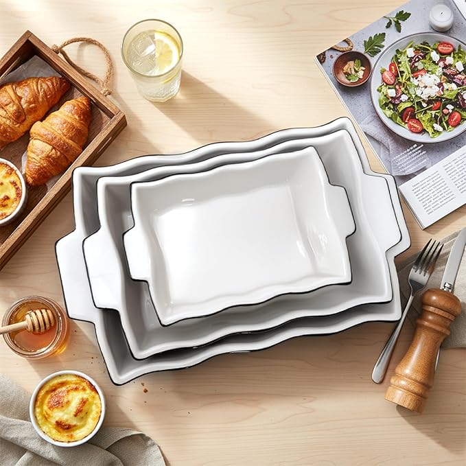 Bekith Casserole Dishes for Oven, Ceramic Baking Dishes with Handles, Ceramic Bakeware Set of 3, Rectangular Lasagna Pan Deep for Baking Cake Kitchen, Black (9"/12.3"/13.9")