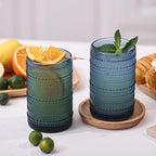 Moretoes Vintage Hobnail Drinking Glasses Set of 6, 15oz Highball Glass Cups, Kitchen Drinkware Glassware,Embossed Water Tumbler,for Beer,Cocktail,Whiskey,Juice and Various Mixed Drinks(Blue)