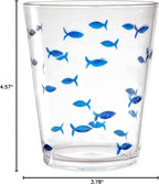 KLIFA- CHARLESTON- 16.5 oz, Set of 6, Acrylic Fishing Tumbler, School of Fish Drinking Glasses, BPA-Free, Stackable Plastic Drinkware, Dishwasher Safe Cups, Clear with Dark Blue Printing
