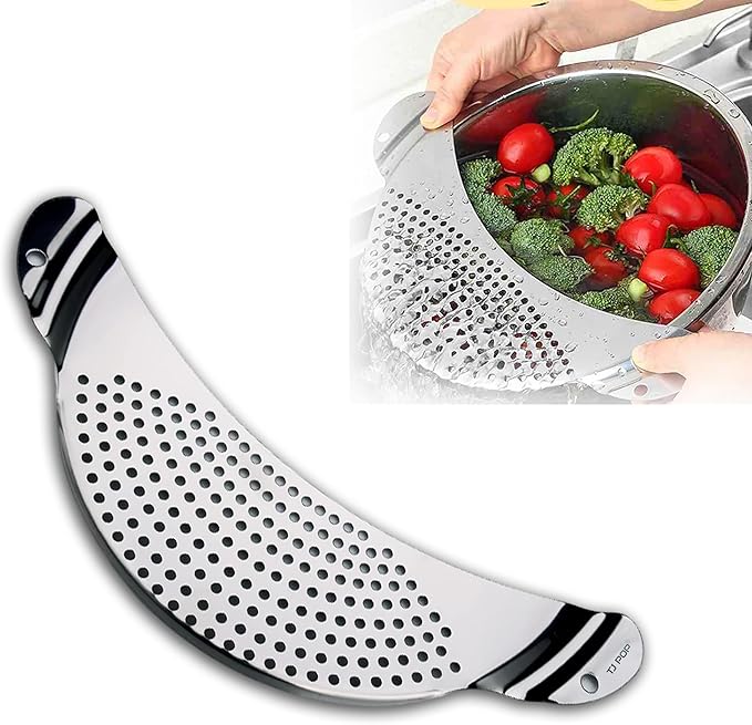 TJ POP Pot Strainer Stainless Steel, Pasta Strainer, Premium Metal Food Strainer for Noodles Fruit Veggies, Suitable for Pots or Containers Up to 10 Inches