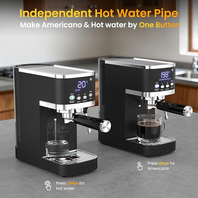 Espresso Machine 20 Bar Temperature Time LED Display Espresso Maker with Adjustable Extraction Temperature Stainless Steel Coffee Machine with Powerful Steam Wand for Cappuccino Latte for Black
