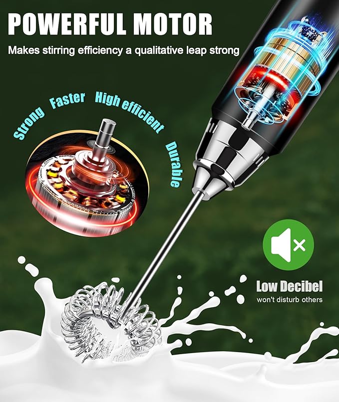 YUSWKO Rechargeable Milk Frother for Coffee, Handheld Drink Mixer with 3 Heads 3 Speeds, Ideal Coffee Frother Wand for Travel - Silver