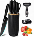 Knife Set, 10 Piece Kitchen Knife Set, Stainless Steel Knives Set for Kitchen, Universal Knife Block Set, Kitchen Kinfe Essentials, New Home Apartment Essentials, Dishwasher Safe (Black)