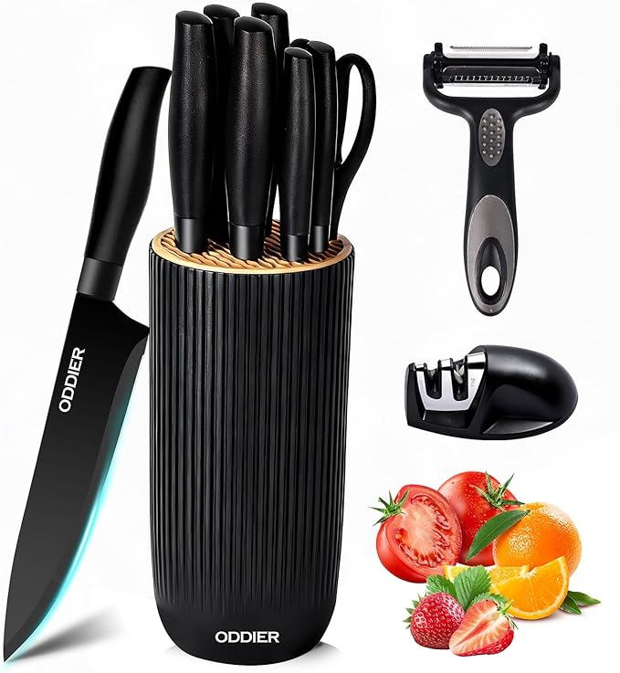 Knife Set, 10 Piece Kitchen Knife Set, Stainless Steel Knives Set for Kitchen, Universal Knife Block Set, Kitchen Kinfe Essentials, New Home Apartment Essentials, Dishwasher Safe (Black)