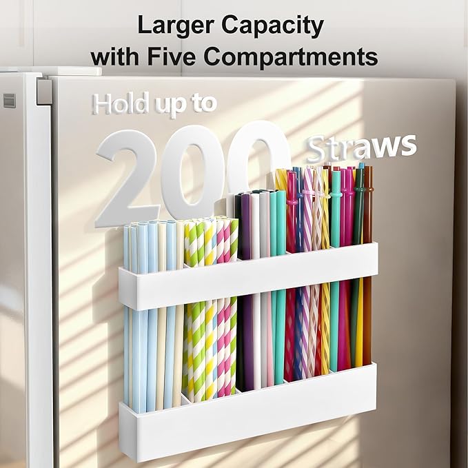9.5” Large Acrylic Straw Holder for Cabinet Door, Reusable Adjustable Two-Part Straws Organizer with Ultra Sticky Adhesive Strips, 2026 Straw Storage for Kitchen Cupboard (White)