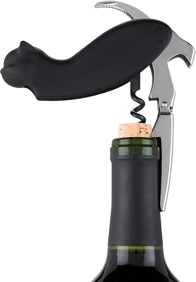 True Zoo Allie the Black Cat Corkscrew Wine Opener with Built-in Bottle Opener & Sharp Foil Cutter, Stainless Steel and Plastic, Home Bar, Kitchen, Travel, Novelty Gifts, Set of 1