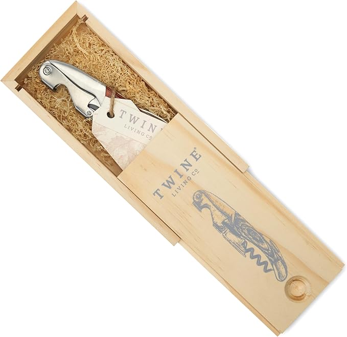 Twine Double Hinged Waiters Corkscrew Wine Opener in Wooden Gift Box, Durable Stainless Steel with Built-in Bottle Opener and Foil Cutter for Home Bar, Kitchen, Travel, Gifts for Wine Lovers, Set of 1