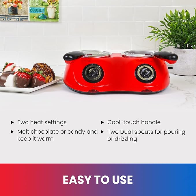 Total Chef Double Pot Chocolate Melter - Electric Candy Melting Hot Fondue Pot With 100+ Accessories, Serving 2 cup Dark & White Melted Chocolate For Dipping Party Desserts, 17.6 oz (500 g) Capacity