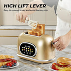 Roter Mond 2 Slice Toaster Smart Touch Screen, Retro Stainless Steel Bread Toaster with Digital Timer, Sleep Mode, Bagel, Cancel, and Defrost Functions, 6 Bread Types and Shade Settings, Gold