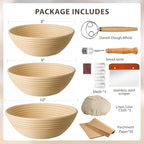 Banneton Bread Proofing Basket Set of 3, Kikcoin 8" & 9" & 10" Round Sourdough Bread Baking Supplies, Banneton Basket with Parchment Paper Sheets, Dough Whisk, Stainless Steel Scraper, Bread Lame