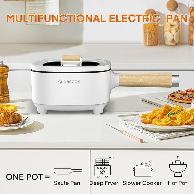 Audecook Hot Pot Electric 2L, Cermic Glaze Non-Stick Frying Pan 8 Inch, Portable Travel Cooker for Ramen/Steak/Fried Rice/Oatmeal/Soup, with Dual Power Control (Silicone Spatula Included)