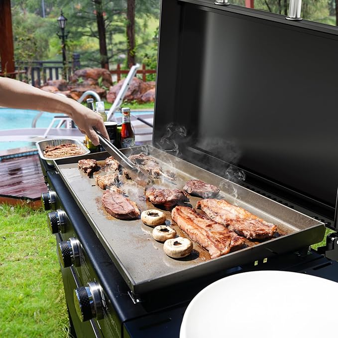 KingChii 32" 4-Burner Griddle with Integrated Protective Hood and Counter Height Side Shelves, Powder Coated Steel, for Breakfast, BBQ & Grilling w/Steel Cooking Surface,Black