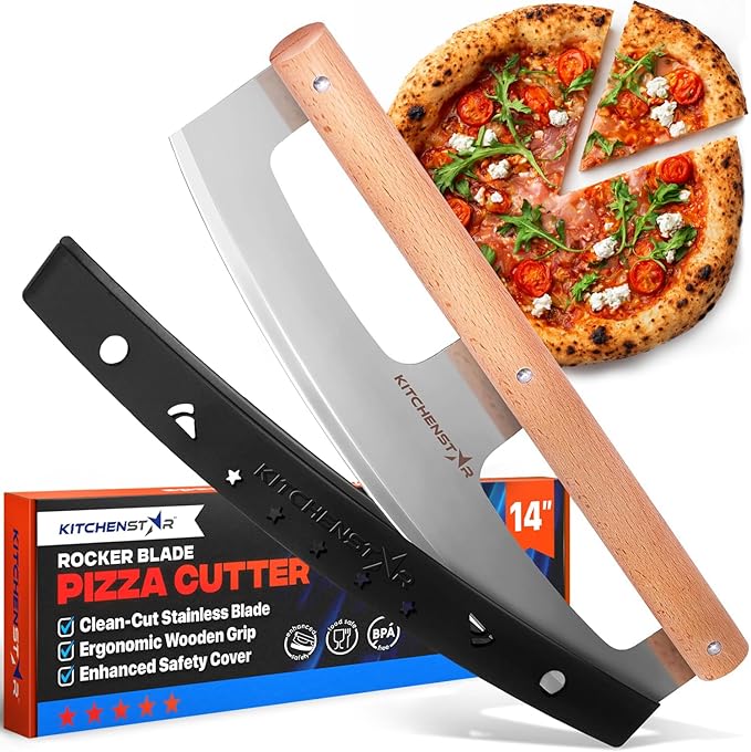KitchenStar 14-Inch Pizza Cutter Rocker Blade - Razor Sharp Stainless Steel Slicer Knife, Stylish Beech Wood Handle, Protective Cover - Professional Pizza Oven Accessories, Silver