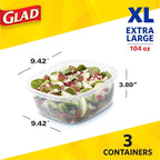 Glad GladWare XL Square Food Storage Containers with Lock Tight Lids, Family Size No BPA Plastic Containers for Leftovers and Meal Prep, Reusable Dishwasher Safe, 104 Oz, 3 Count - 3 Pack