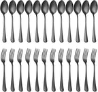 24 Piece Black Forks and Spoons Silverware Set for 12, Stainless Steel Dinner Forks(8 Inch) and Spoons(6.7 Inch) Black Silverware Set, Heavy-Duty Cutlery Set, Dishwasher Safe
