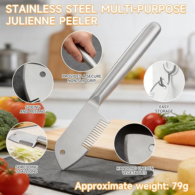 Stainless Steel Multi-Purpose Julienne Peeler, handheld peeler shredder, quick vegetable slicer for kitchen. Comfortable handle and hanging holes, suitable for fruits, vegetables, and herbs. (1)