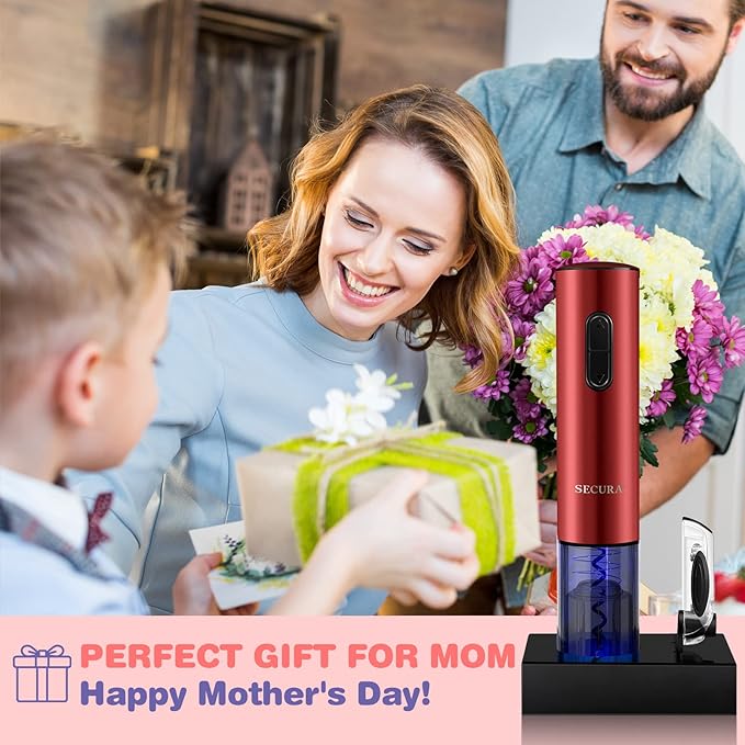 Secura Electric Wine Opener, Automatic Electric Wine Bottle Corkscrew Opener with Foil Cutter, Rechargeable (Red)