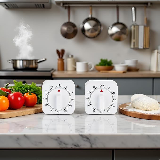 2Pcs White 60-Minute Mechanical Kitchen Timer Clock with Loud Alarm - Wind Up Visual Cooking Clock, No Batteries Required - Ideal for Cooking, Thermometers and Timers, Baking and Kitchen Management